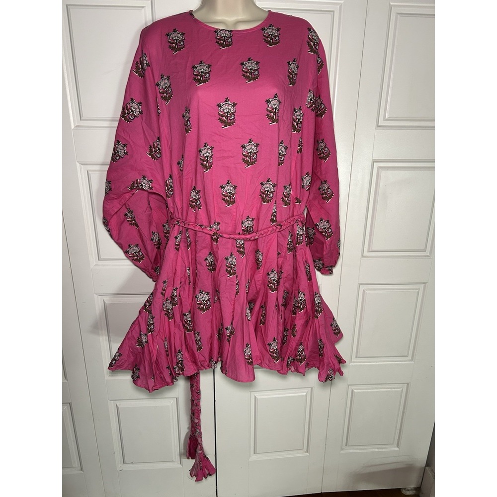 RHODE Ella Dress Pink Floral Block Print Braided Belt Mini Long Sleeve Cotton L - Picture 2 of 11
